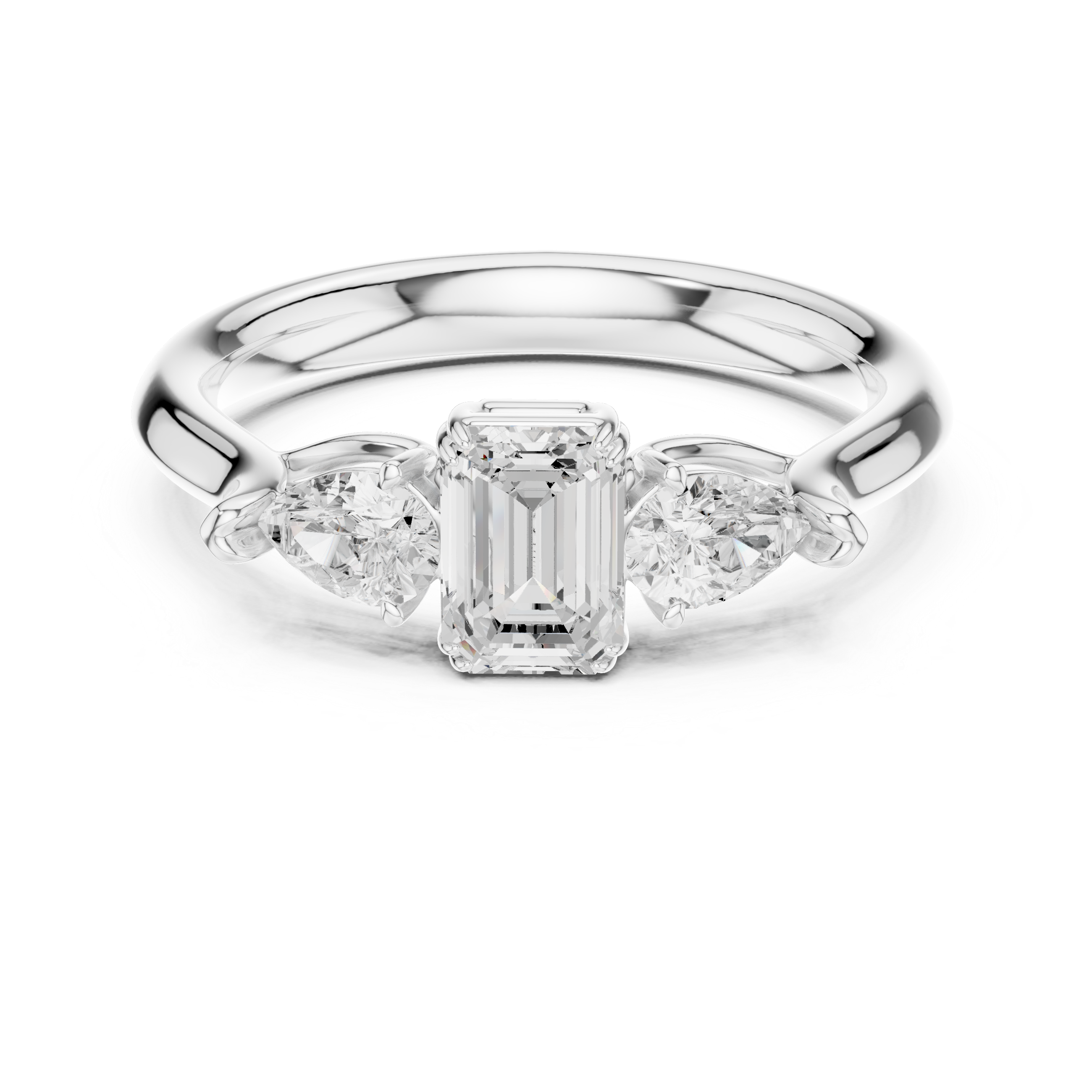 Emerald cut three stone diamond ring