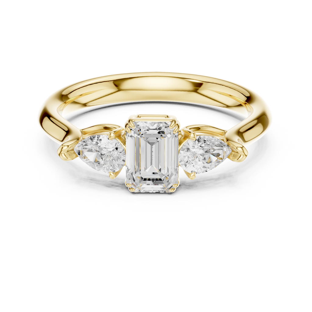 Emerald cut three stone diamond ring
