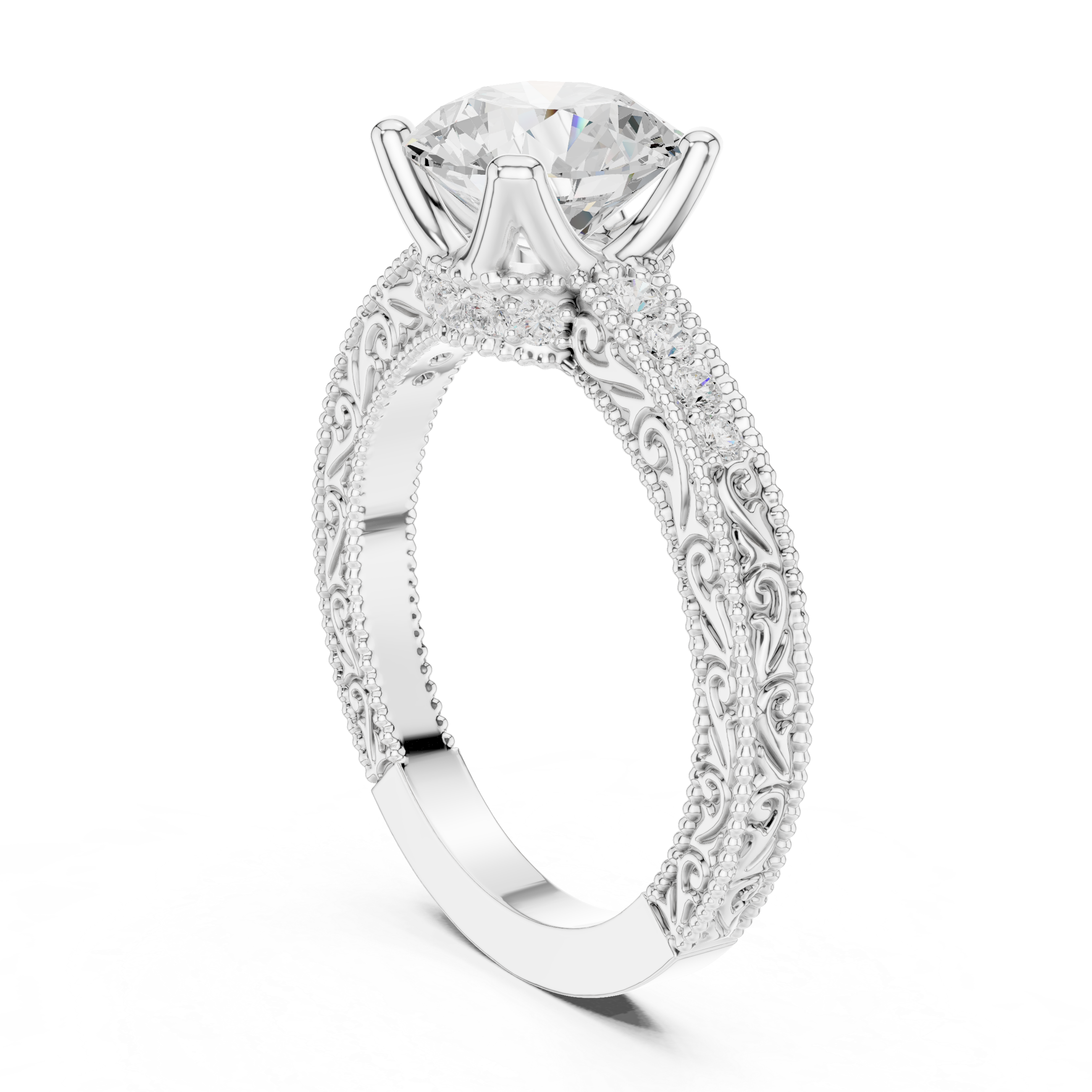 Round Solitaire Cathedral Pavé Engagement Ring