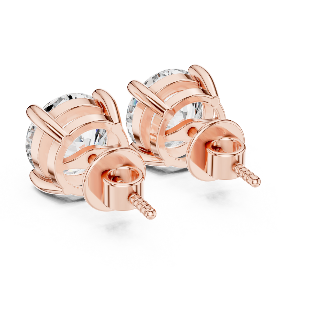 Back top view of rose gold diamond stud earrings displaying open basket setting and secure post construction