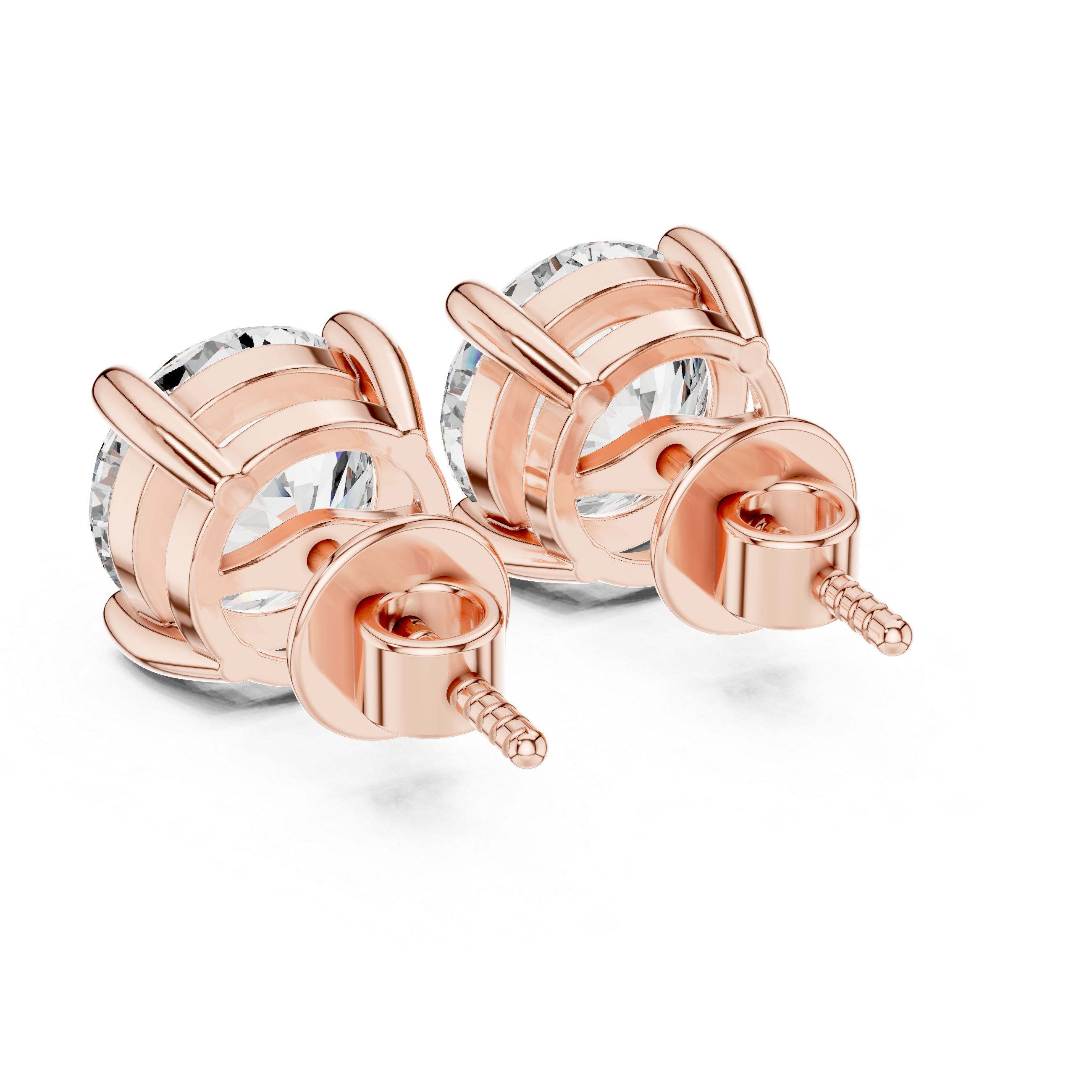 Back top view of rose gold diamond stud earrings displaying open basket setting and secure post construction