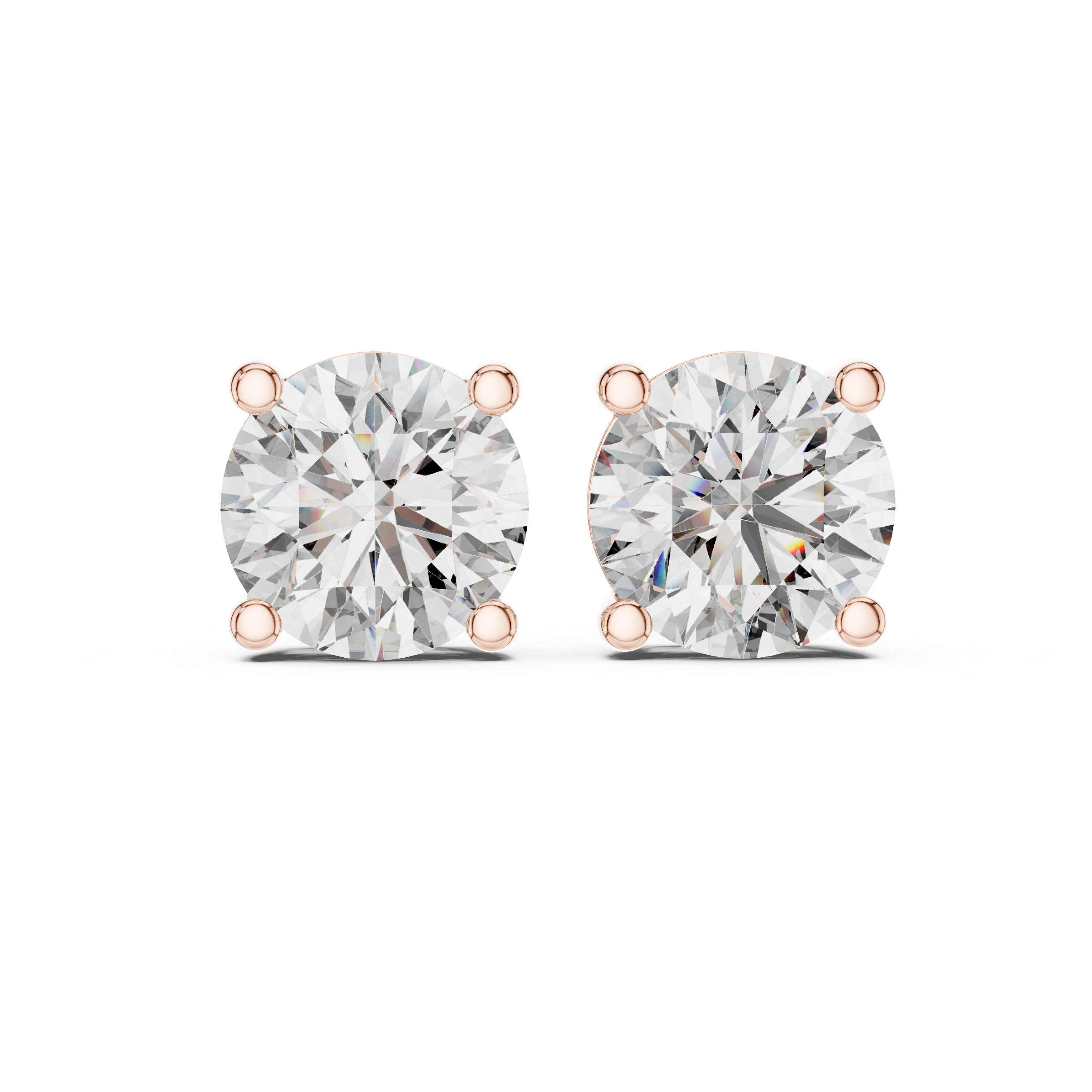 Round diamond stud earrings in rose gold showing an angled front view with four-prong basket setting and brilliant round lab grown diamonds