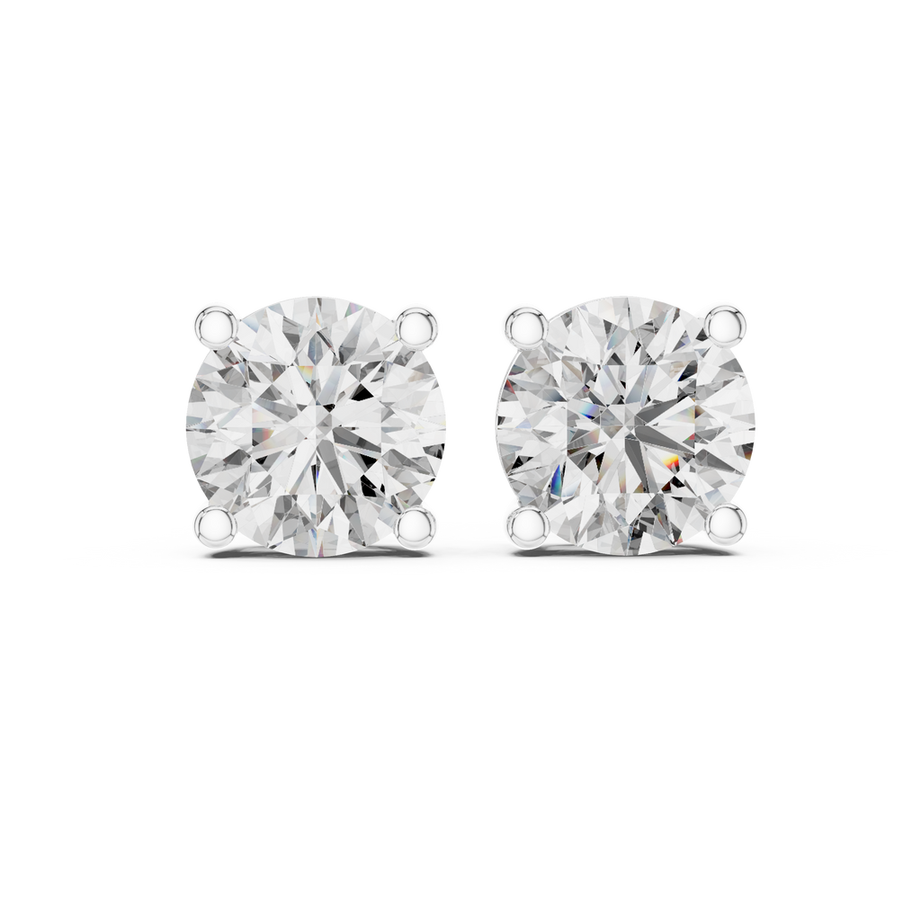 White gold round diamond stud earrings shown from an angled front perspective with secure four-prong basket and radiant lab grown diamonds
