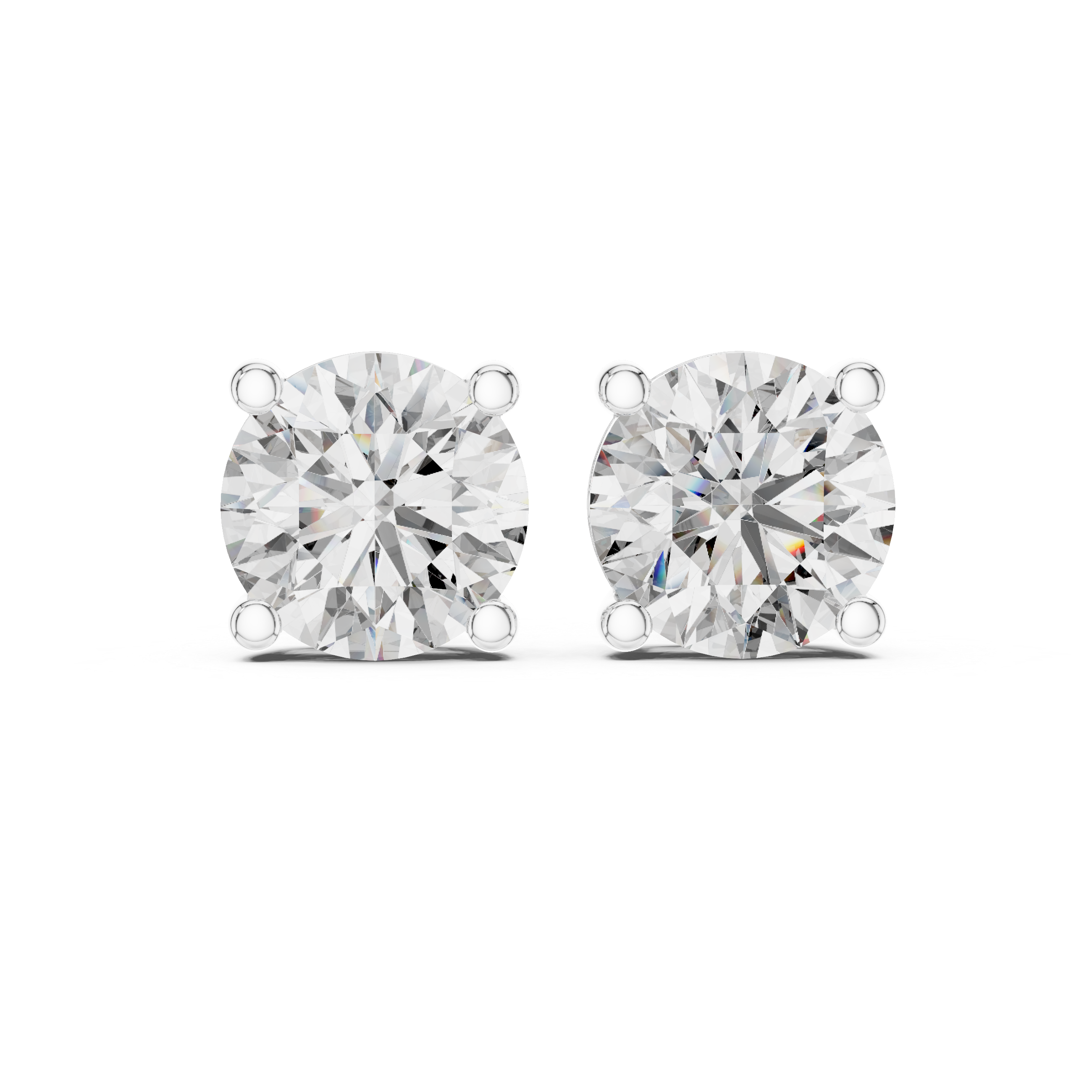 White gold round diamond stud earrings shown from an angled front perspective with secure four-prong basket and radiant lab grown diamonds