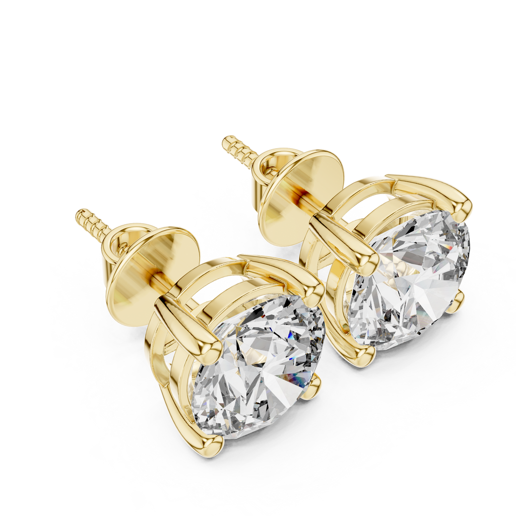 Yellow gold round diamond stud earrings captured at a front angle, featuring classic four-prong solitaire design with high brilliance diamonds