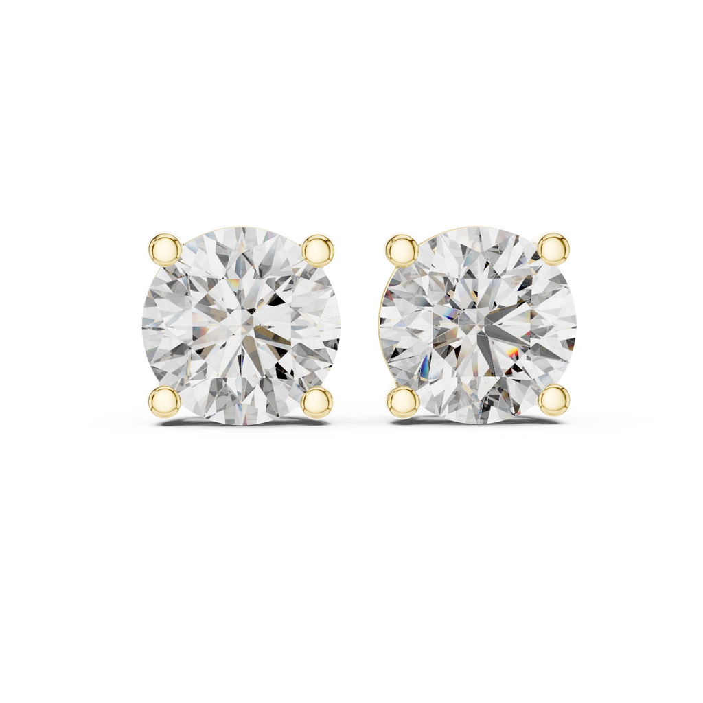Top view of yellow gold diamond stud earrings emphasizing round brilliant cut diamonds and clean minimalist setting