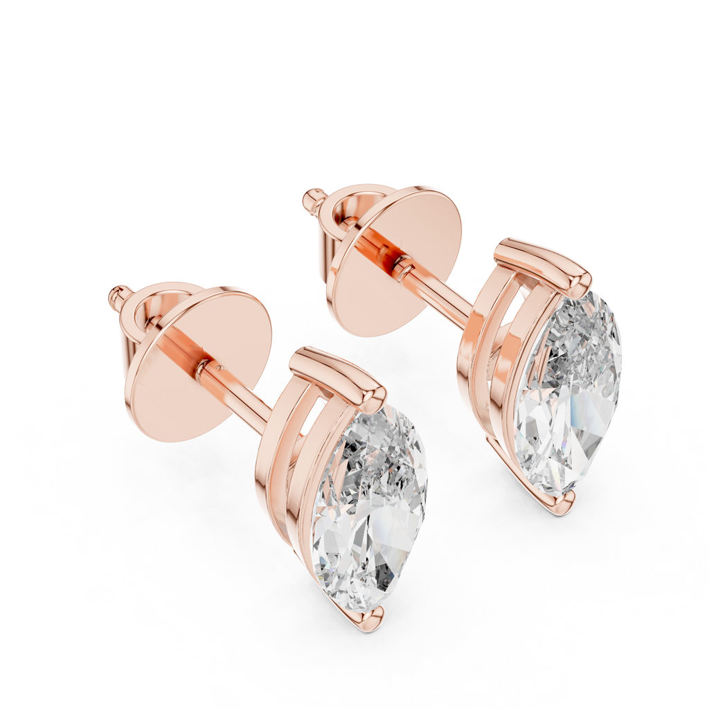 Rose gold marquise solitaire diamond stud earring side angle showing smooth curves and elegant stone height