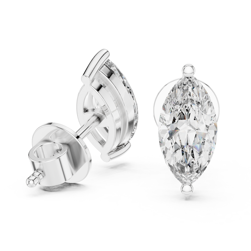 White gold marquise solitaire stud earrings displayed with one front and one back view, showcasing elongated diamond and secure backing