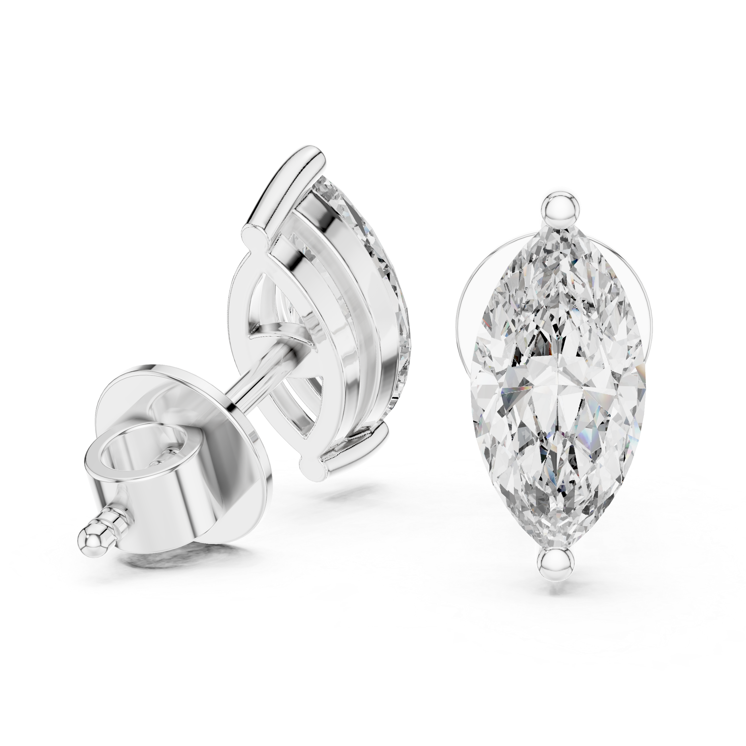 White gold marquise solitaire stud earrings displayed with one front and one back view, showcasing elongated diamond and secure backing