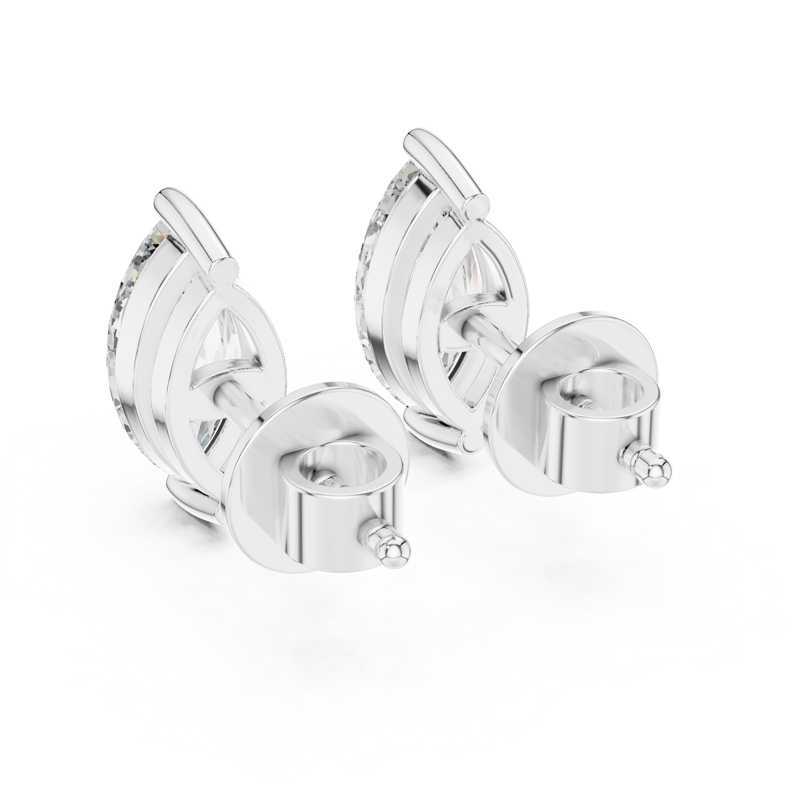 White gold marquise solitaire stud earring back angle showcasing clean finishing and secure post setting