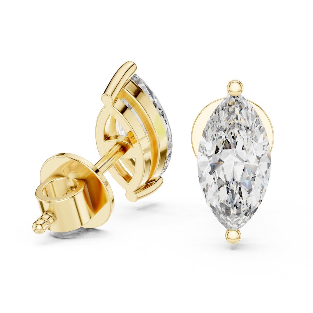 Single image showing marquise solitaire stud earrings in yellow gold, one front and one back view highlighting prong setting and post finish