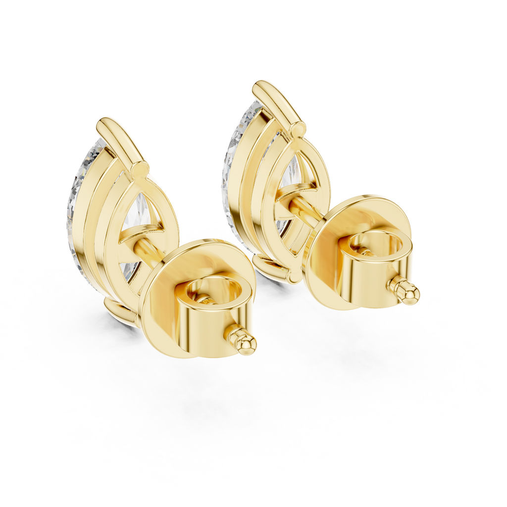 Back angle view of yellow gold marquise solitaire stud earring displaying post alignment and polished rear structure