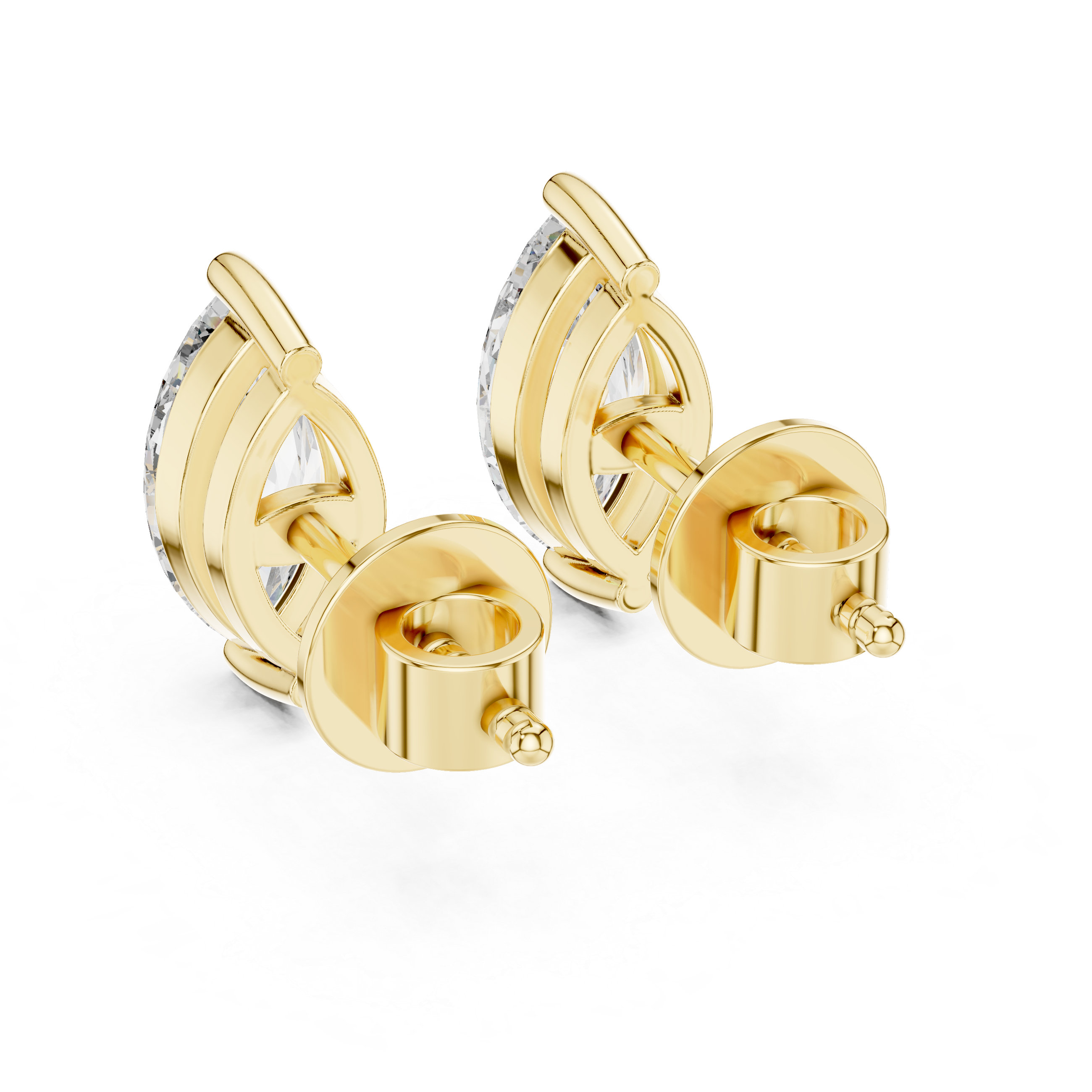 Back angle view of yellow gold marquise solitaire stud earring displaying post alignment and polished rear structure