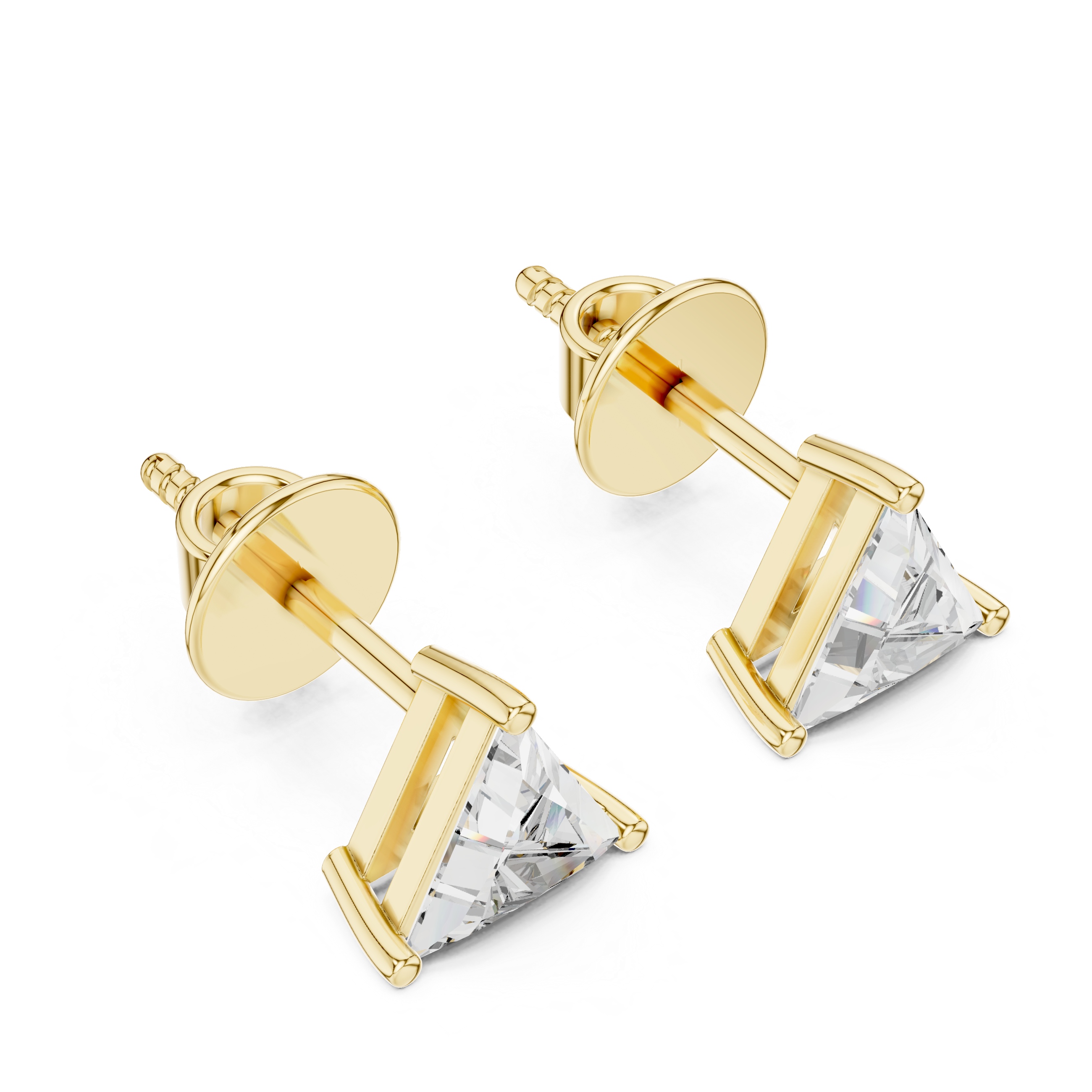 Side angle of yellow gold trillion diamond stud earrings showing clean setting