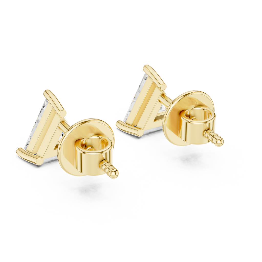 Yellow gold trillion diamond stud earrings with comfortable screw-back post