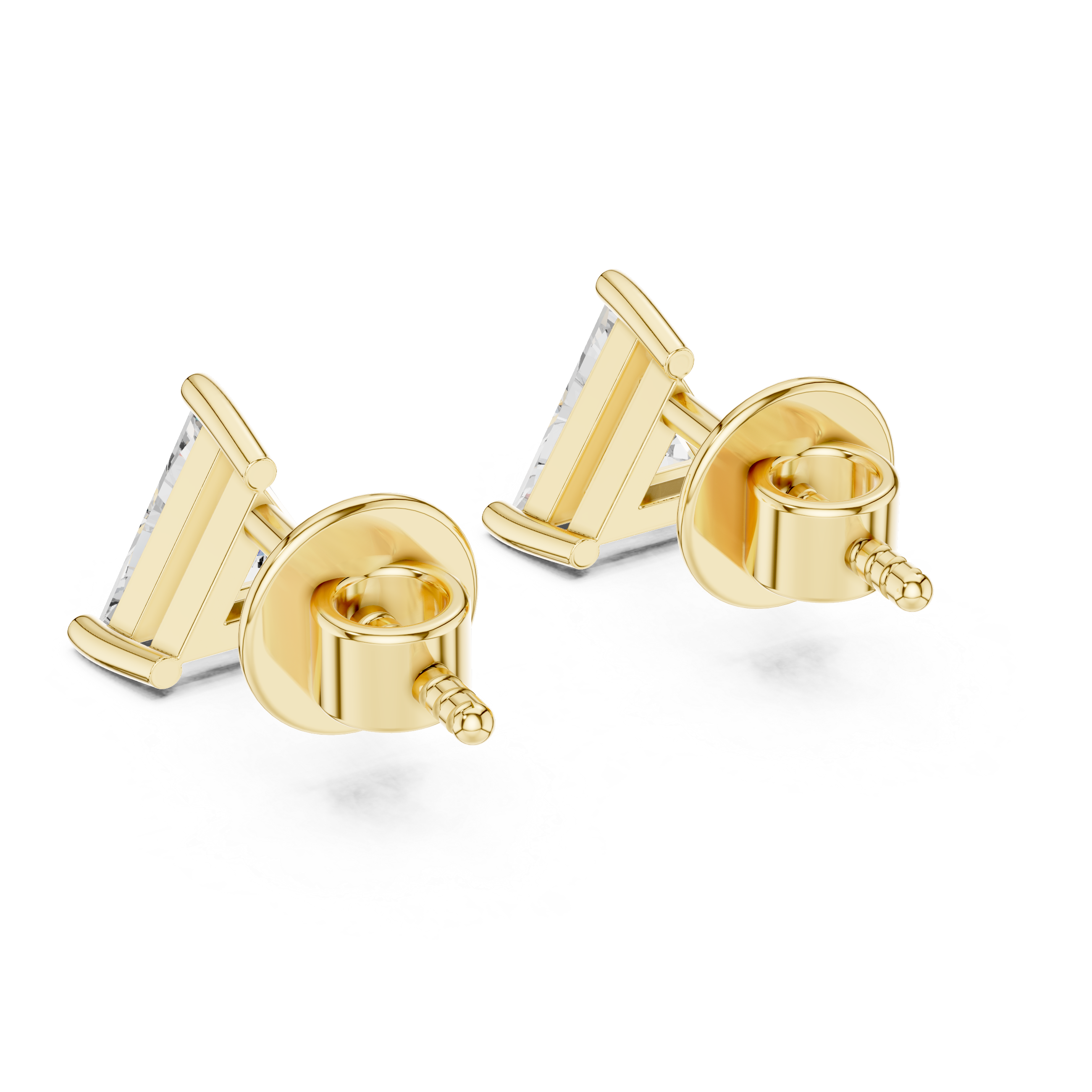 Yellow gold trillion diamond stud earrings with comfortable screw-back post