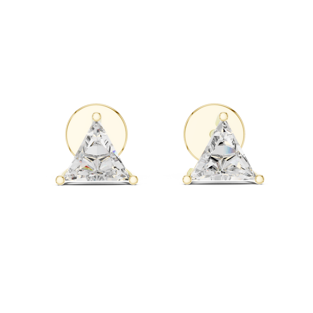 Trillion cut diamond stud earrings crafted in classic yellow gold