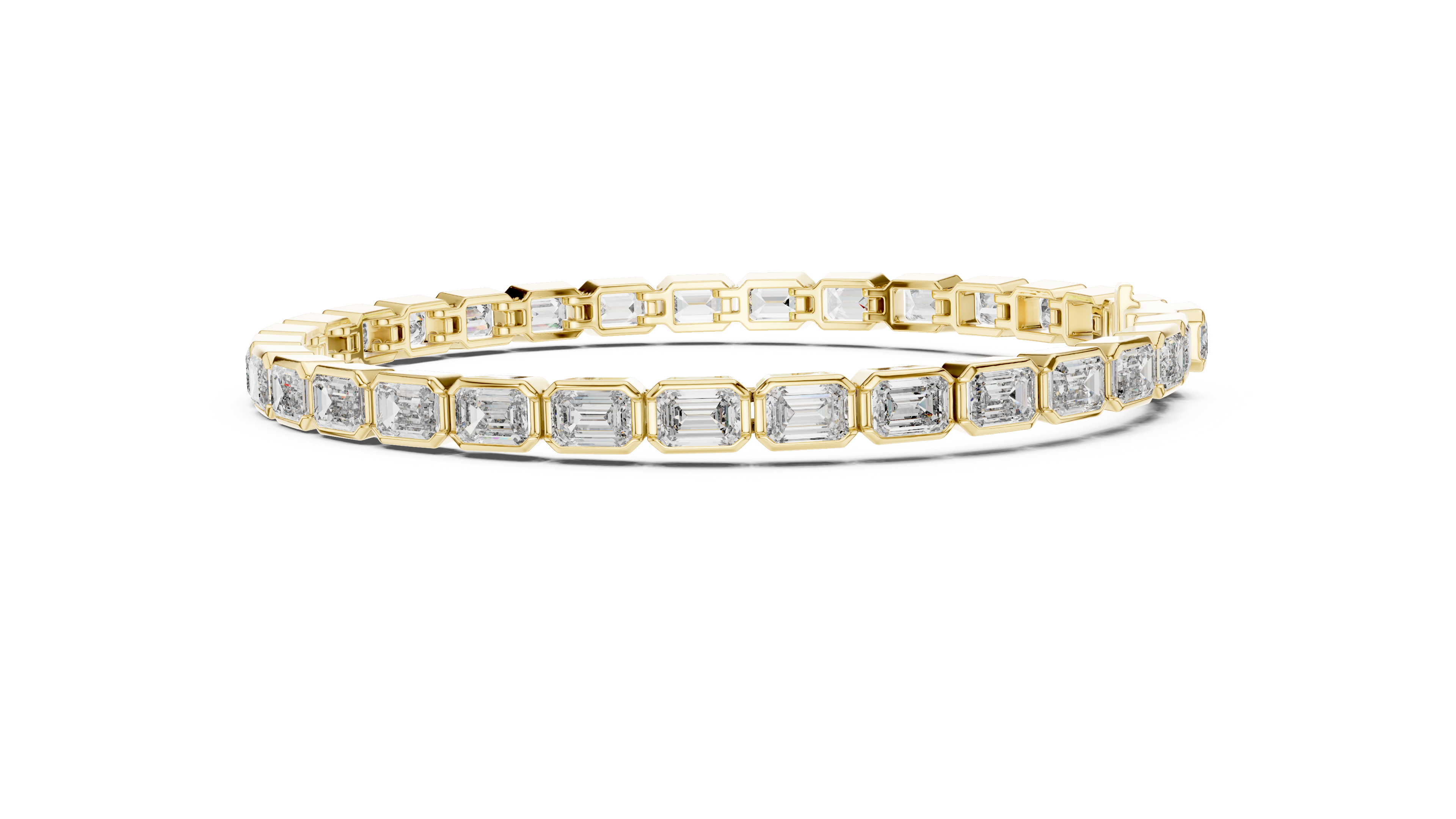 Front view of emerald bezel diamond tennis bracelet in yellow gold featuring emerald-cut diamonds in a sleek bezel setting
