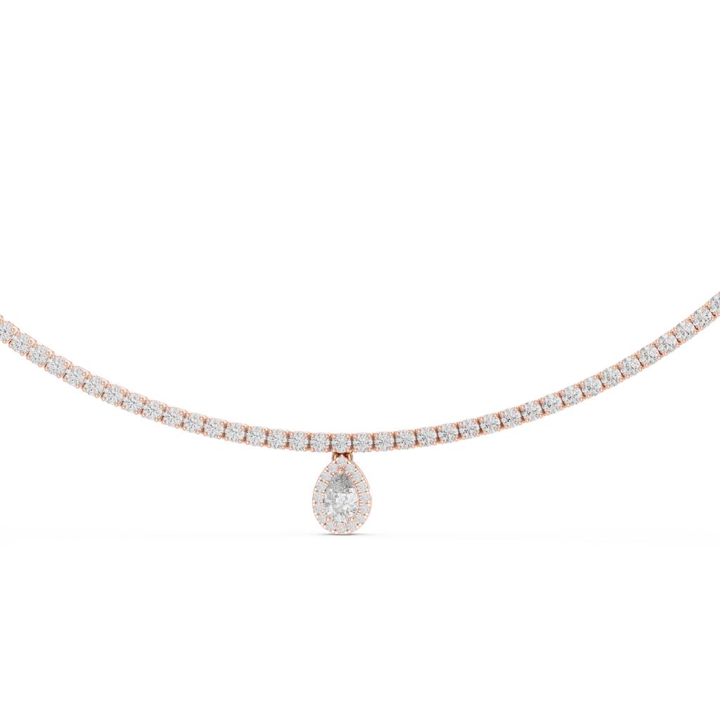 Front view rose gold pear diamond drop necklace with brilliant diamonds