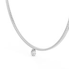 Side profile yellow gold pear diamond necklace showing collet setting