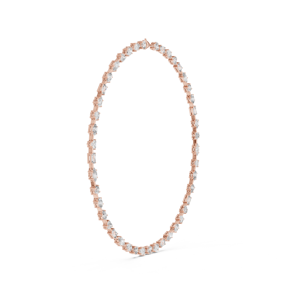 Detailed side view of rose gold fancy diamond necklace showing secure individual diamond mounts