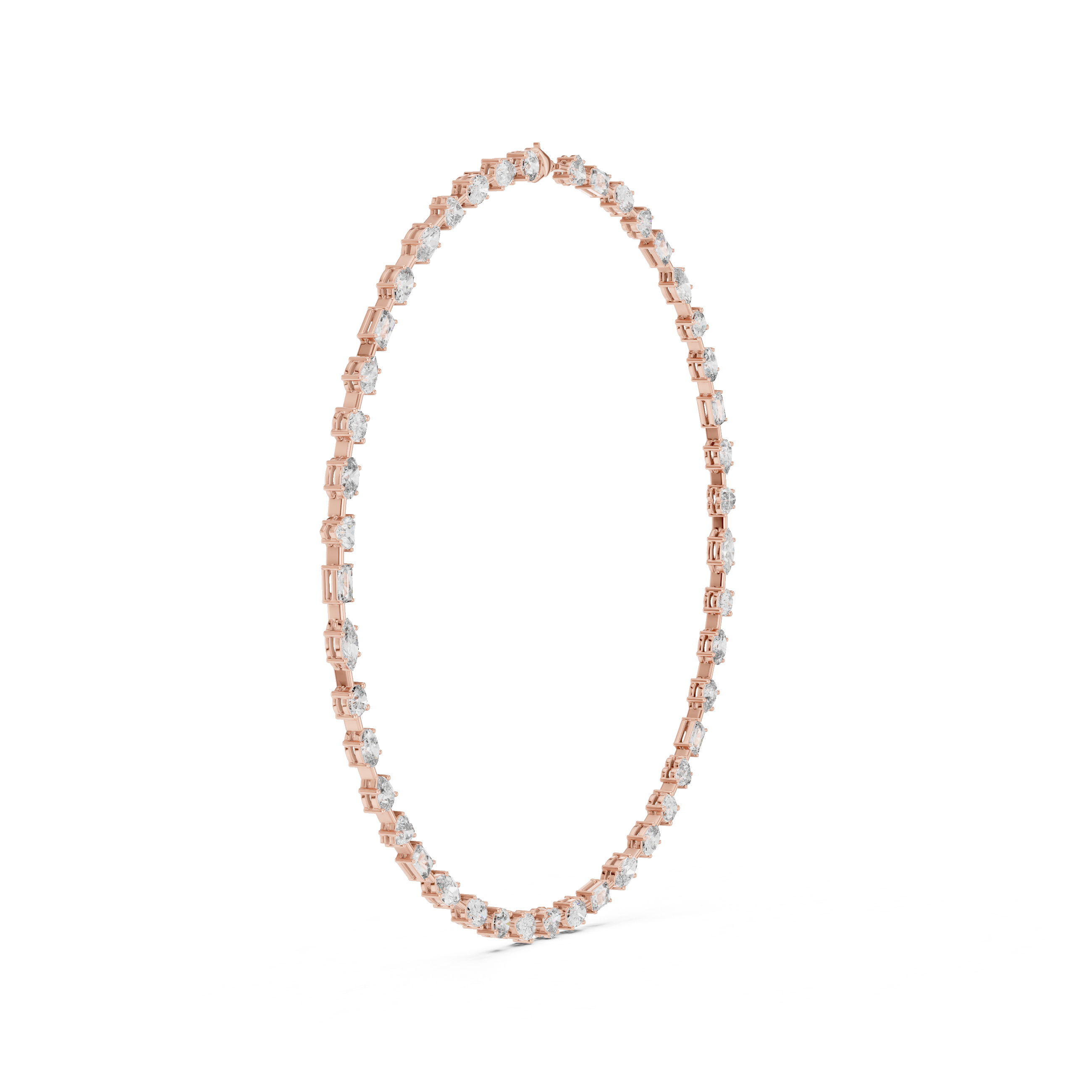 Detailed side view of rose gold fancy diamond necklace showing secure individual diamond mounts