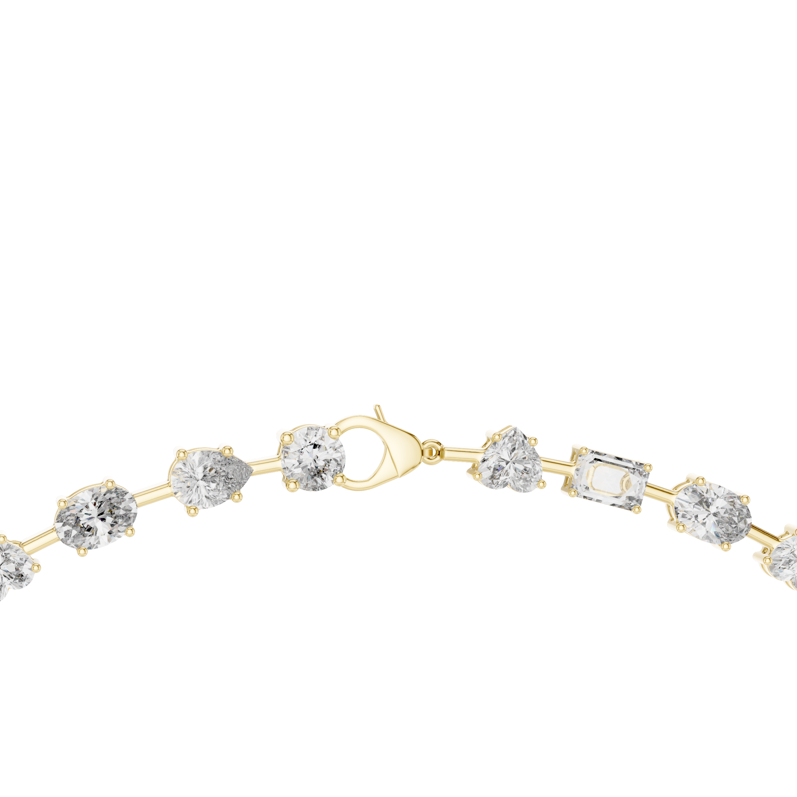 Close-up front view of mixed shape diamond necklace in yellow gold featuring round, oval, marquise, heart, emerald and pear diamonds in collet settings