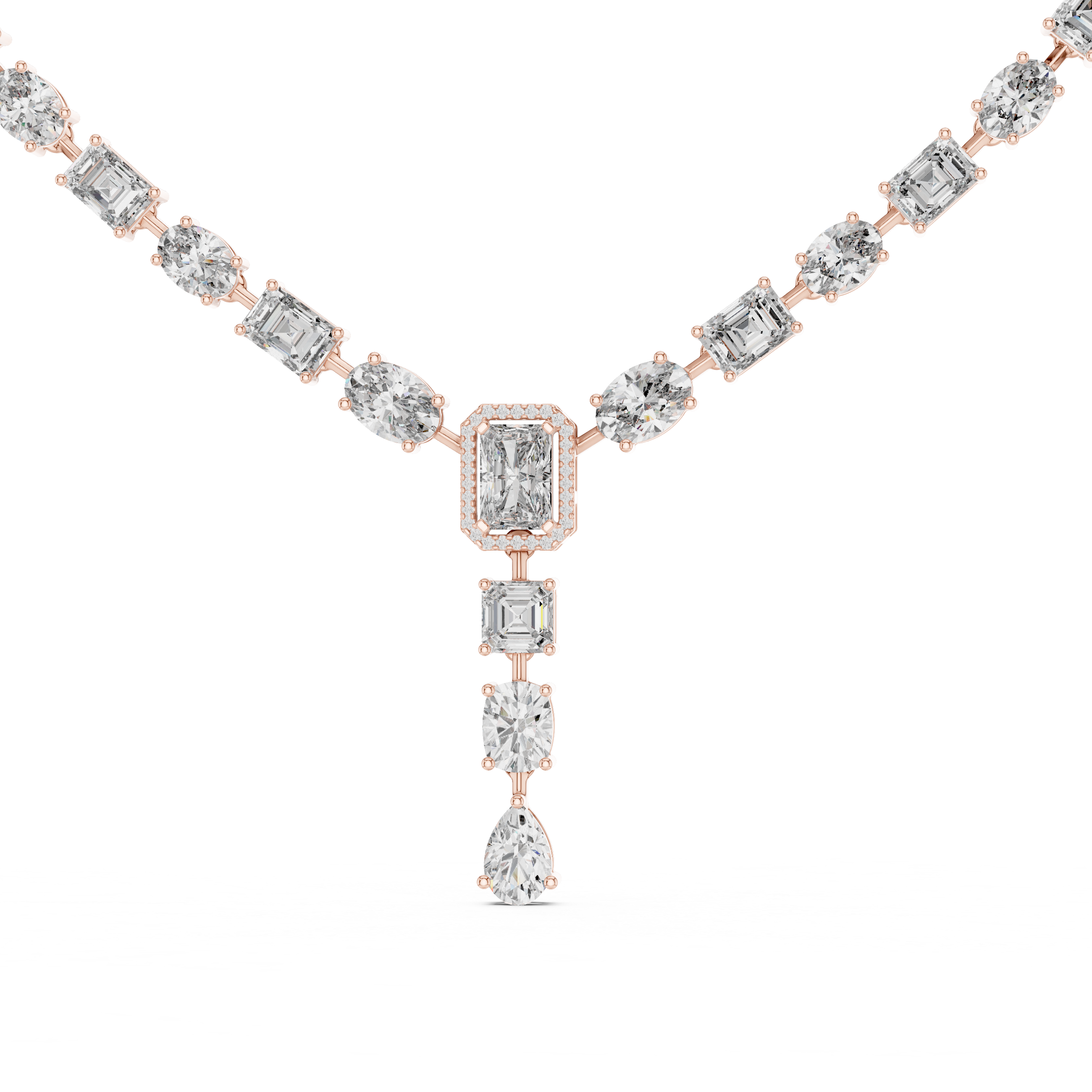 Diamond necklace with rose gold setting on a white background