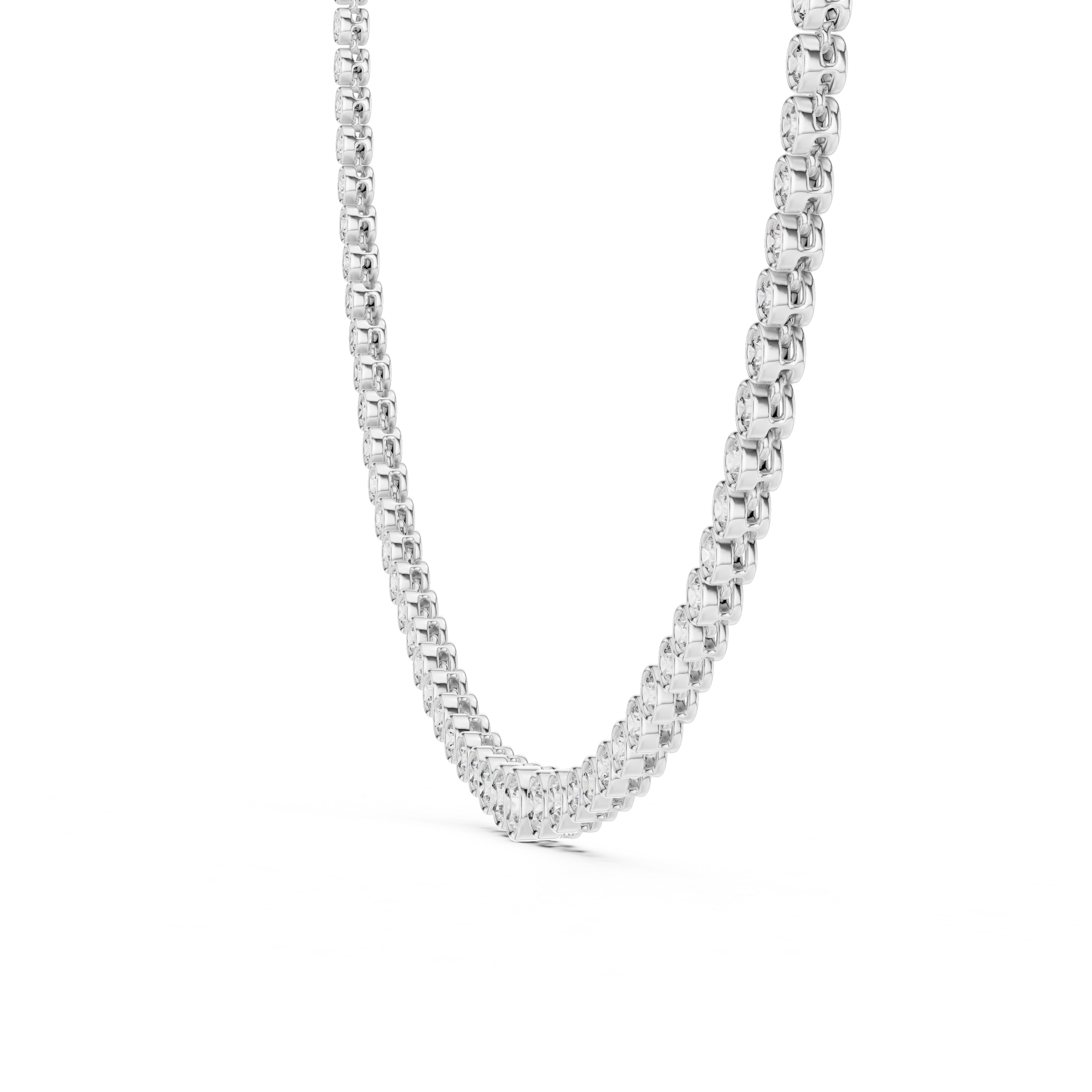 Full side profile of bezel set diamond tennis necklace in white gold with refined luxury finish