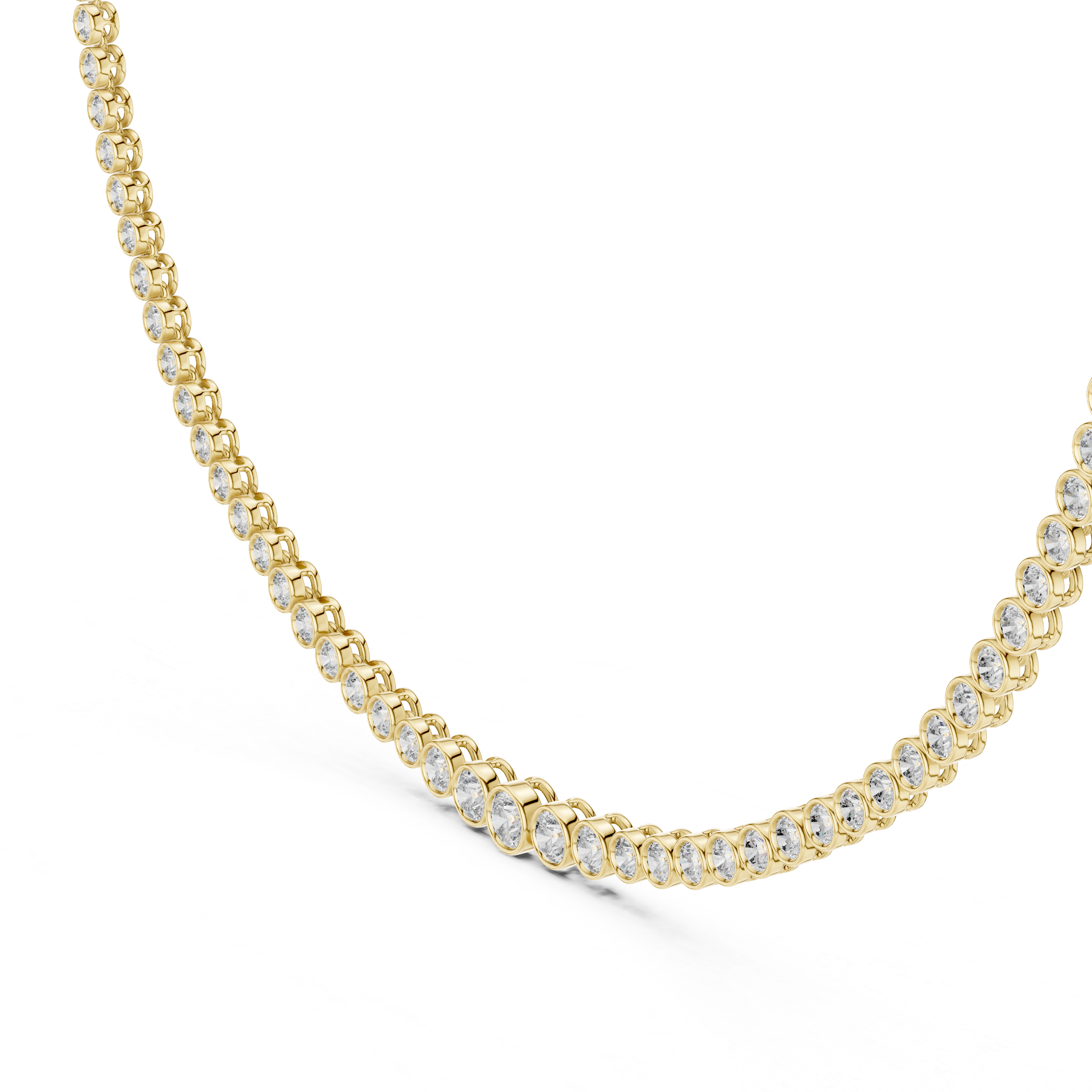 Close-up side profile of bezel set diamonds in yellow gold tennis necklace highlighting smooth polished edges