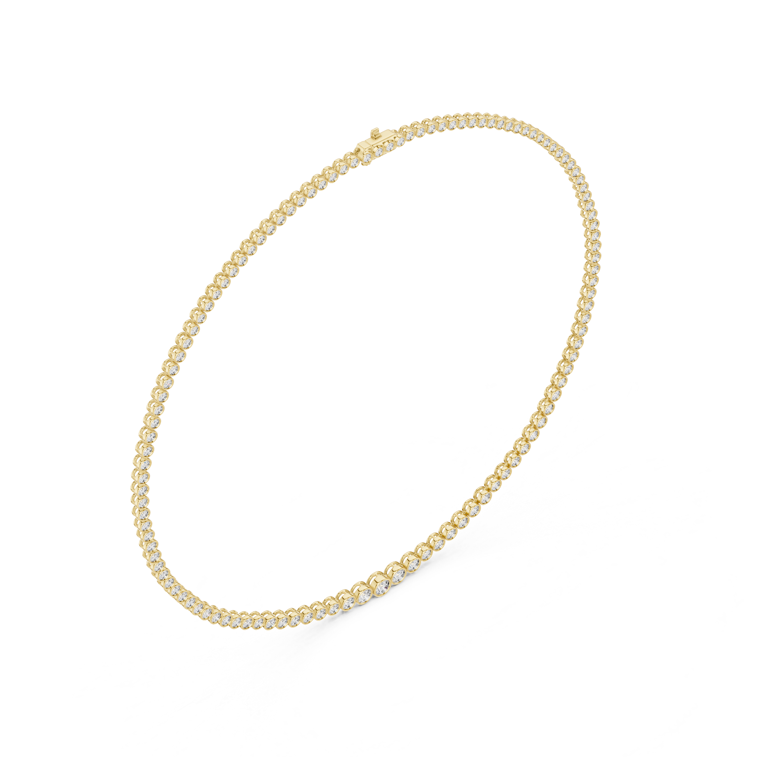 Side top angle view of complete graduated diamond tennis necklace in yellow gold with seamless diamond flow
