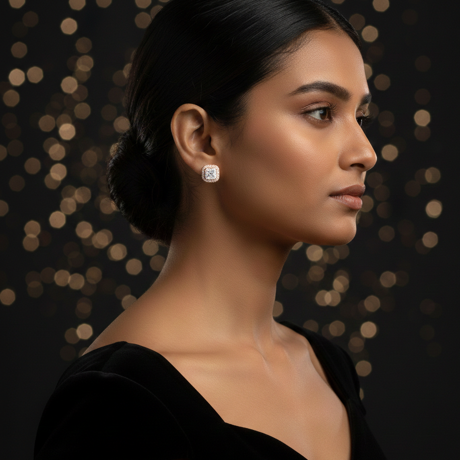 Woman wearing a diamond earring against a dark background with bokeh lights