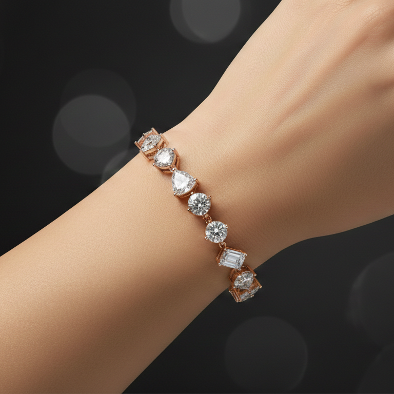 Diamond bracelet on a wrist against a dark background