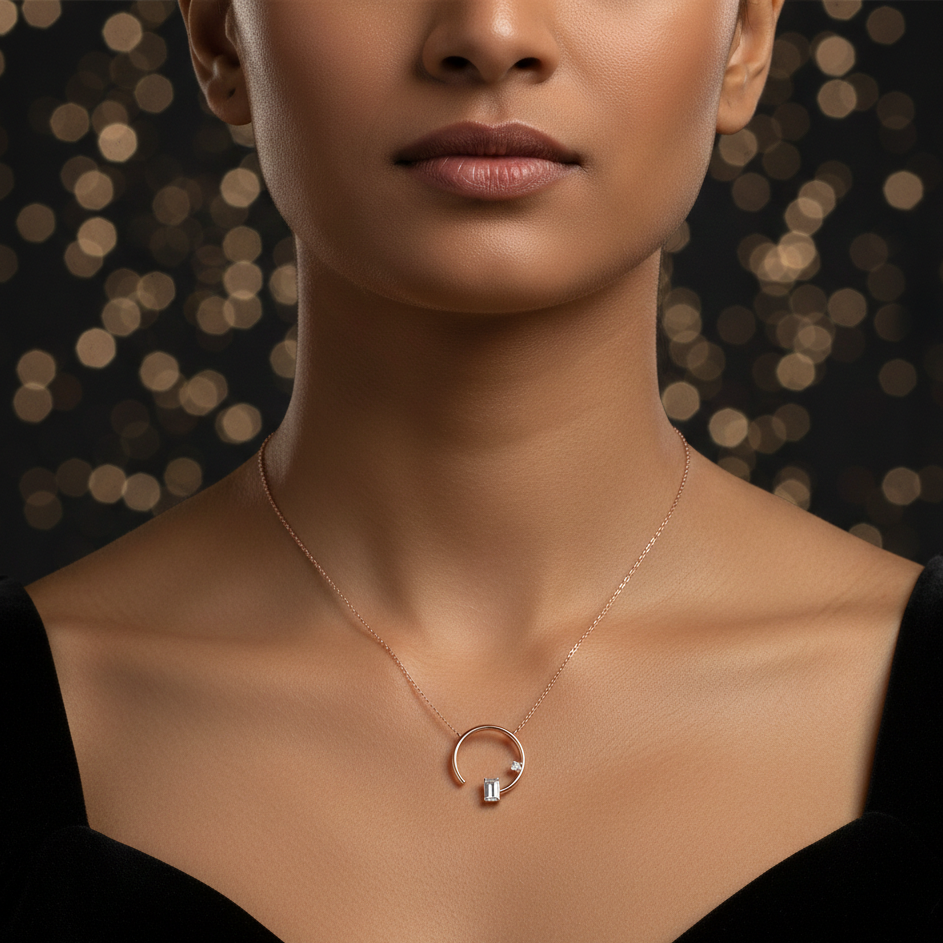 Necklace with a circular pendant on a model against a blurred background