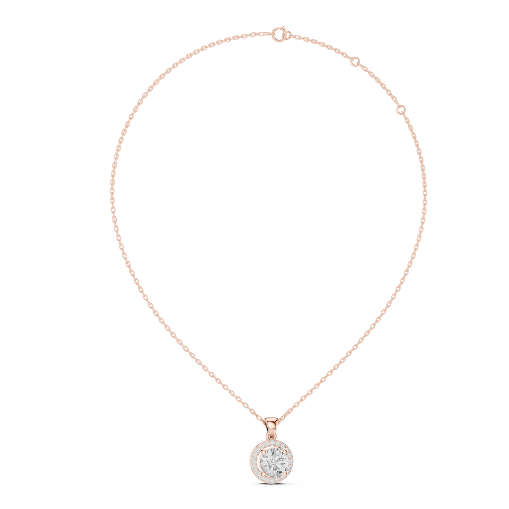 Rose gold round diamond halo pendant with chain for elegant everyday wear