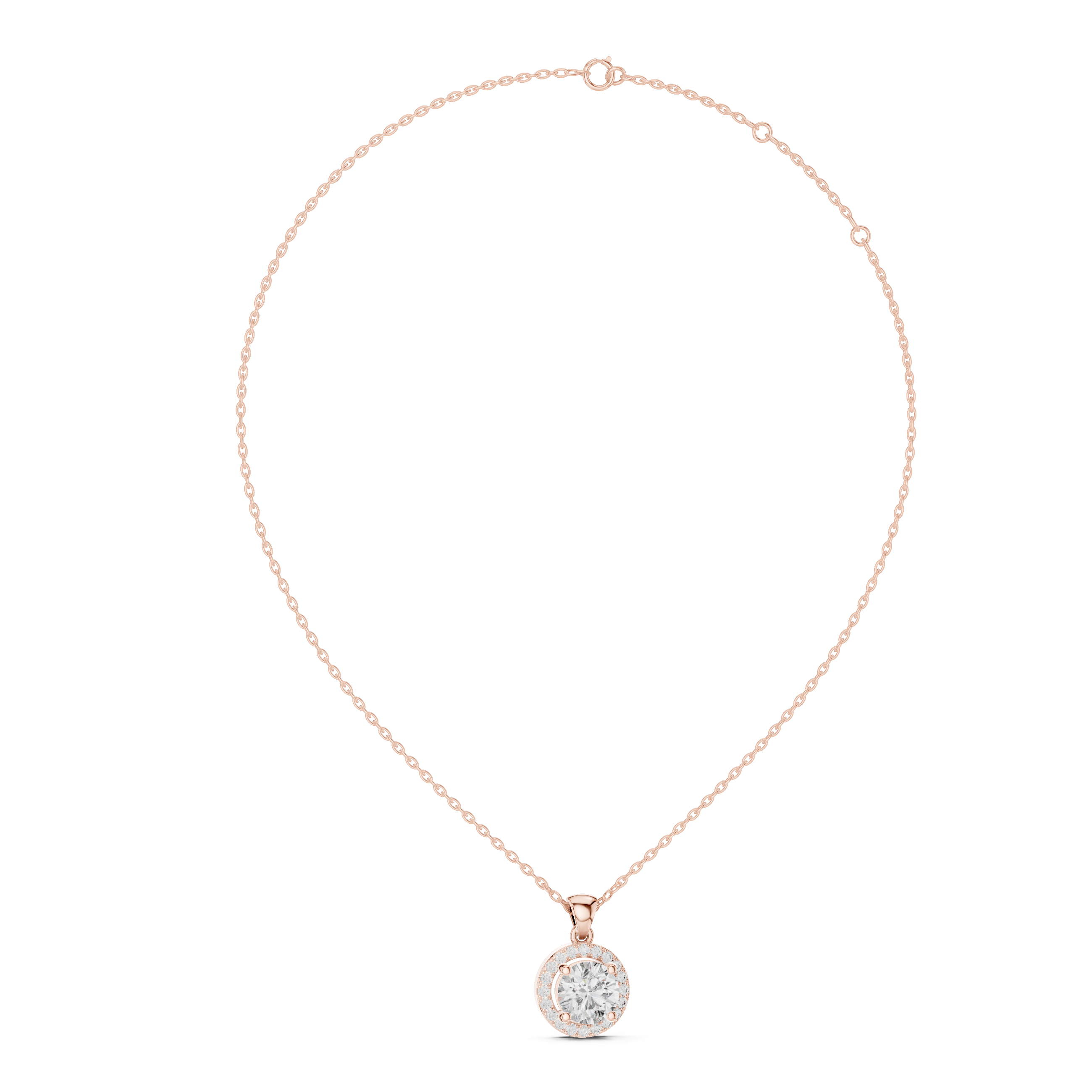 Rose gold round diamond halo pendant with chain for elegant everyday wear