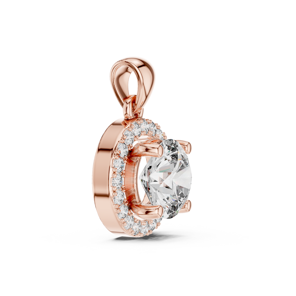 Side angle of rose gold round halo diamond pendant highlighting raised setting