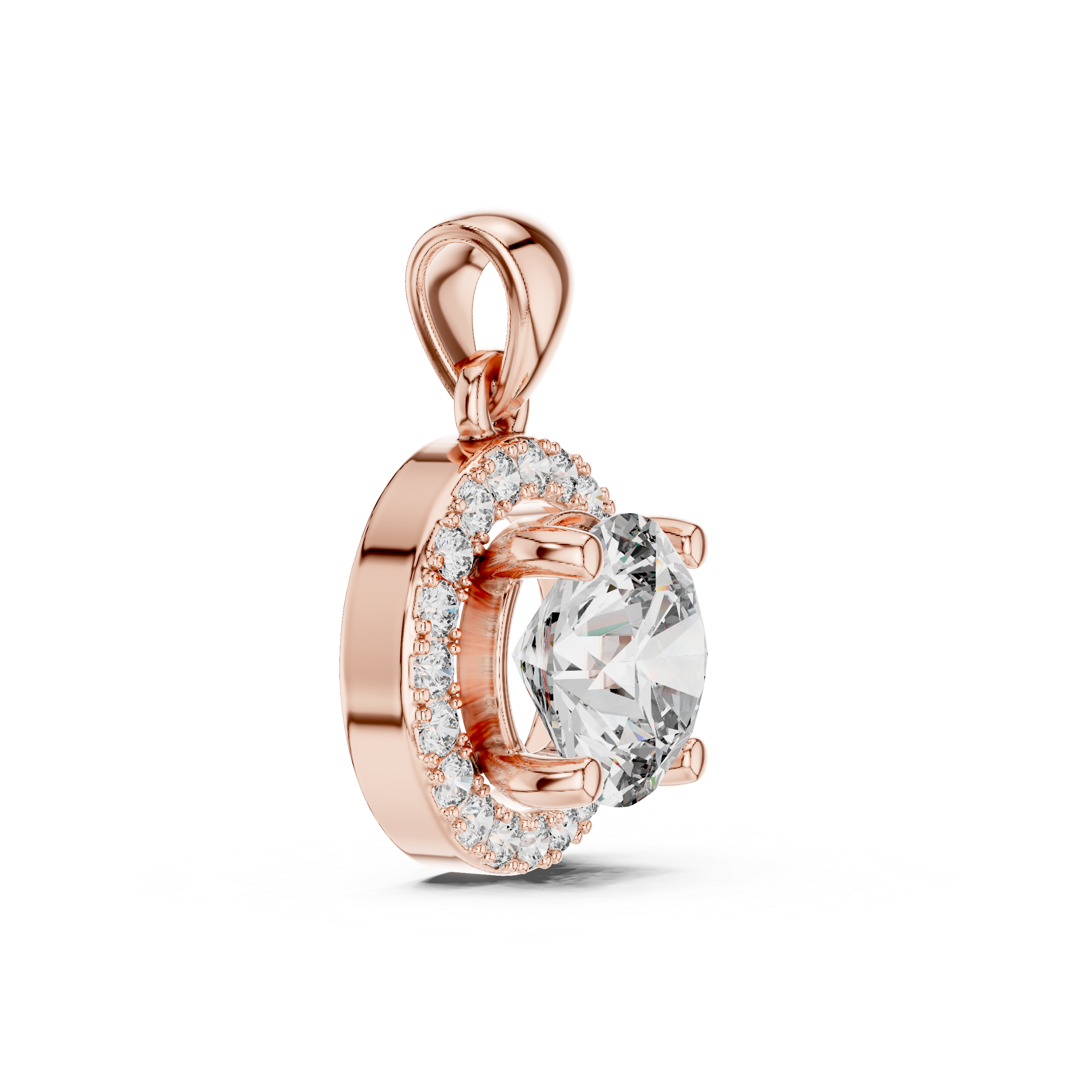 Side angle of rose gold round halo diamond pendant highlighting raised setting