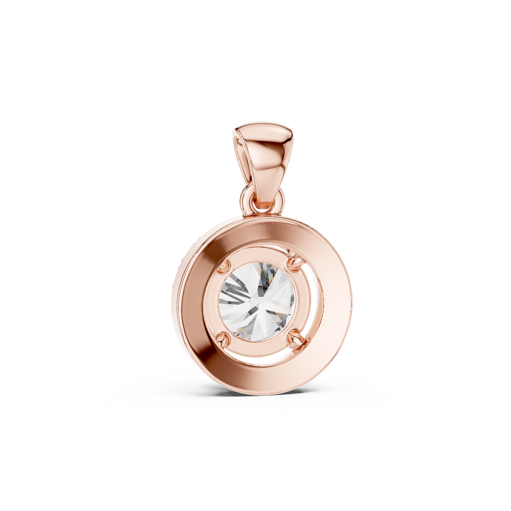Back side of rose gold diamond halo pendant with detailed craftsmanship