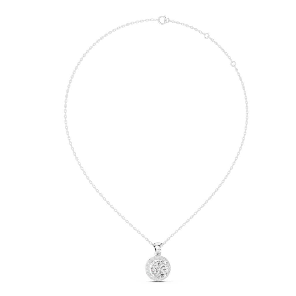 White gold round diamond halo pendant with chain in classic fine jewellery style