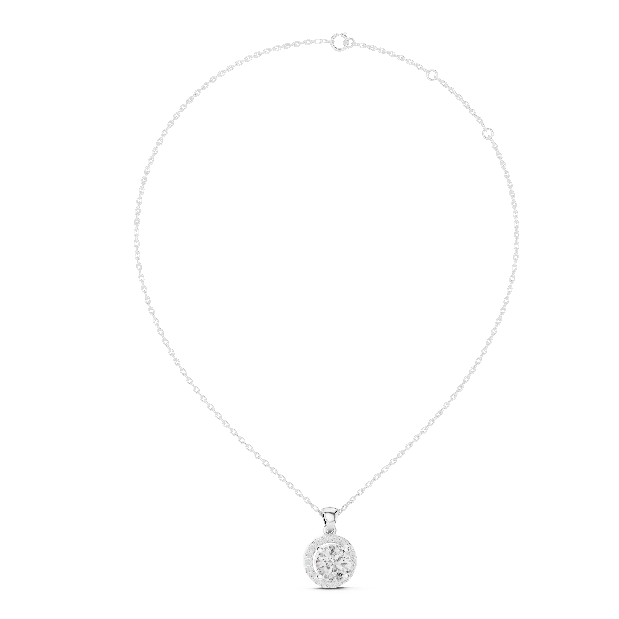 White gold round diamond halo pendant with chain in classic fine jewellery style
