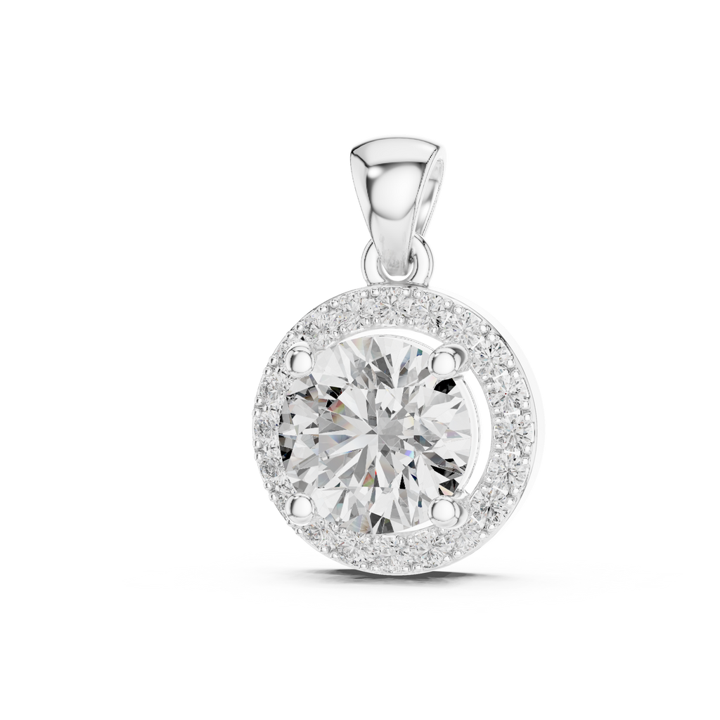 White gold round diamond halo pendant front view with high brilliance diamonds