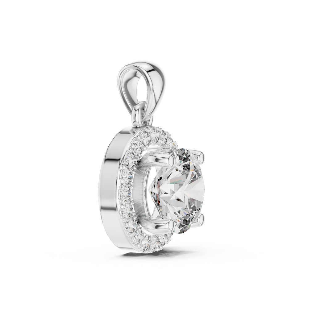 Side view of white gold round halo diamond pendant showing sleek profile