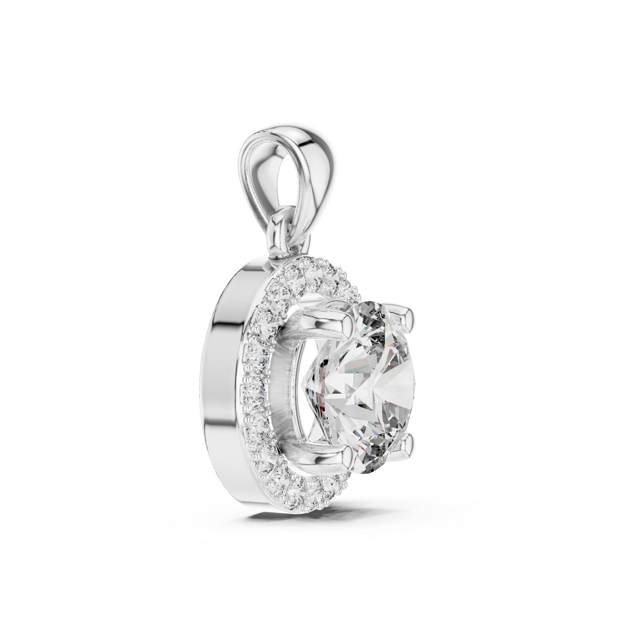 Side view of white gold round halo diamond pendant showing sleek profile