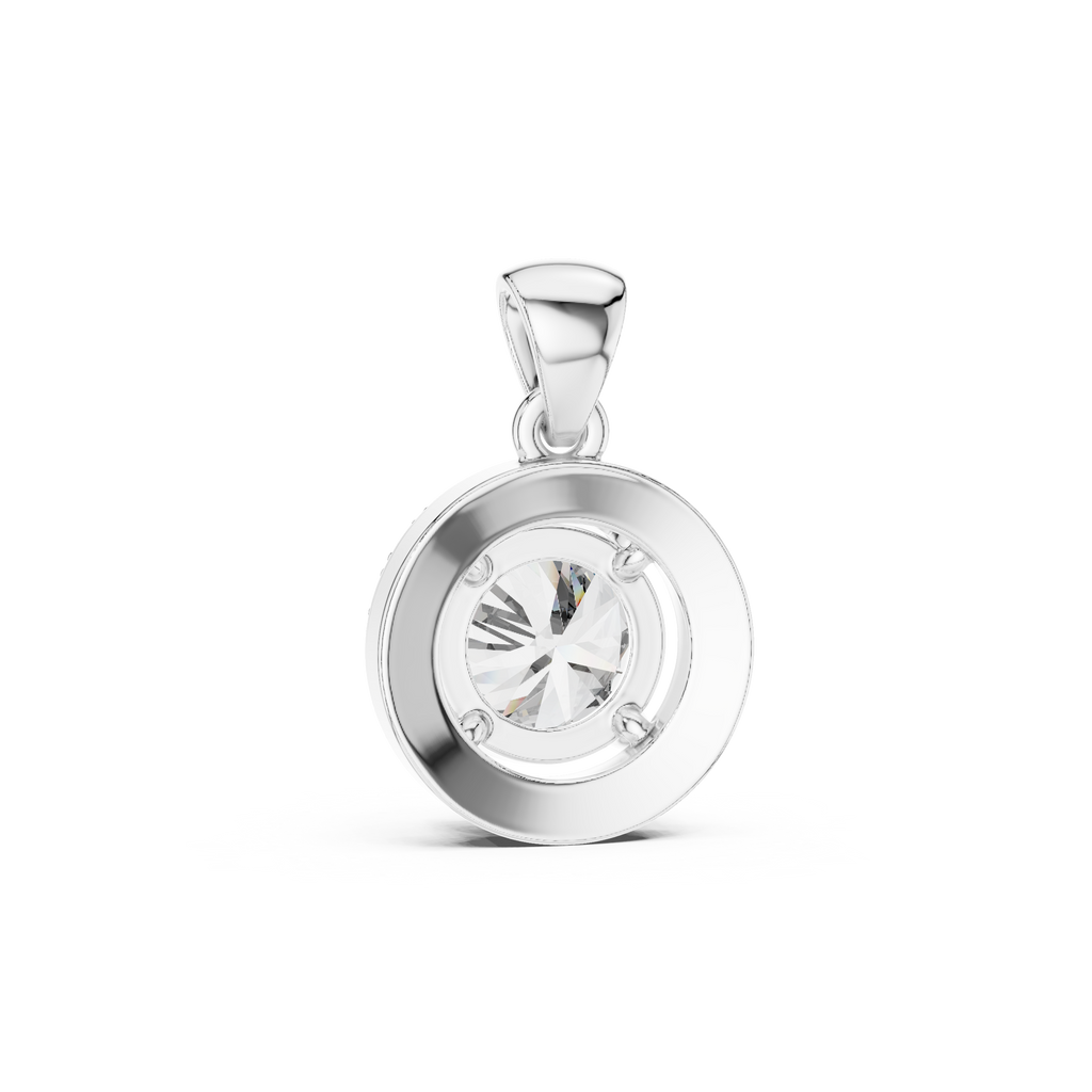 Back view of white gold round diamond halo pendant with precision setting