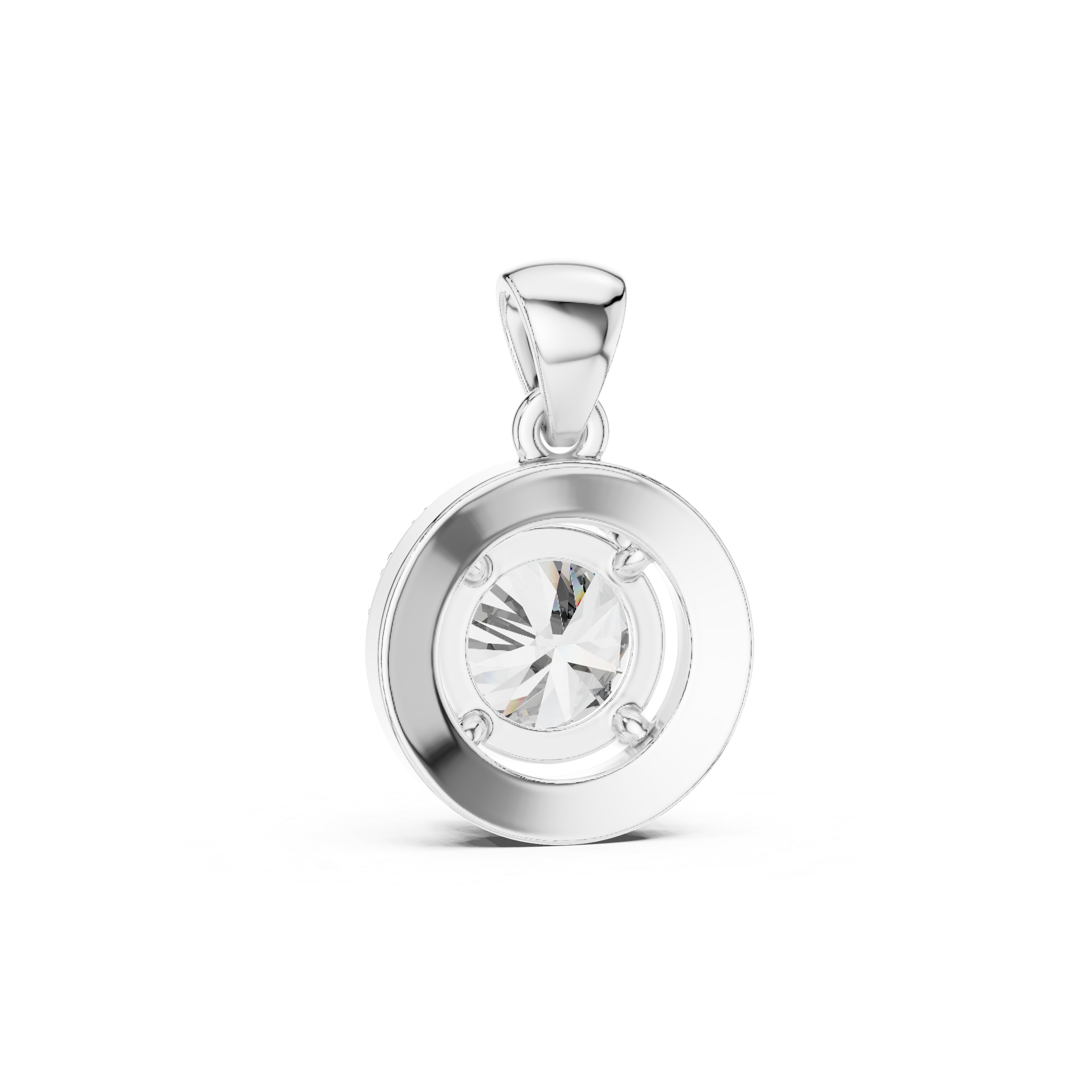 Back view of white gold round diamond halo pendant with precision setting