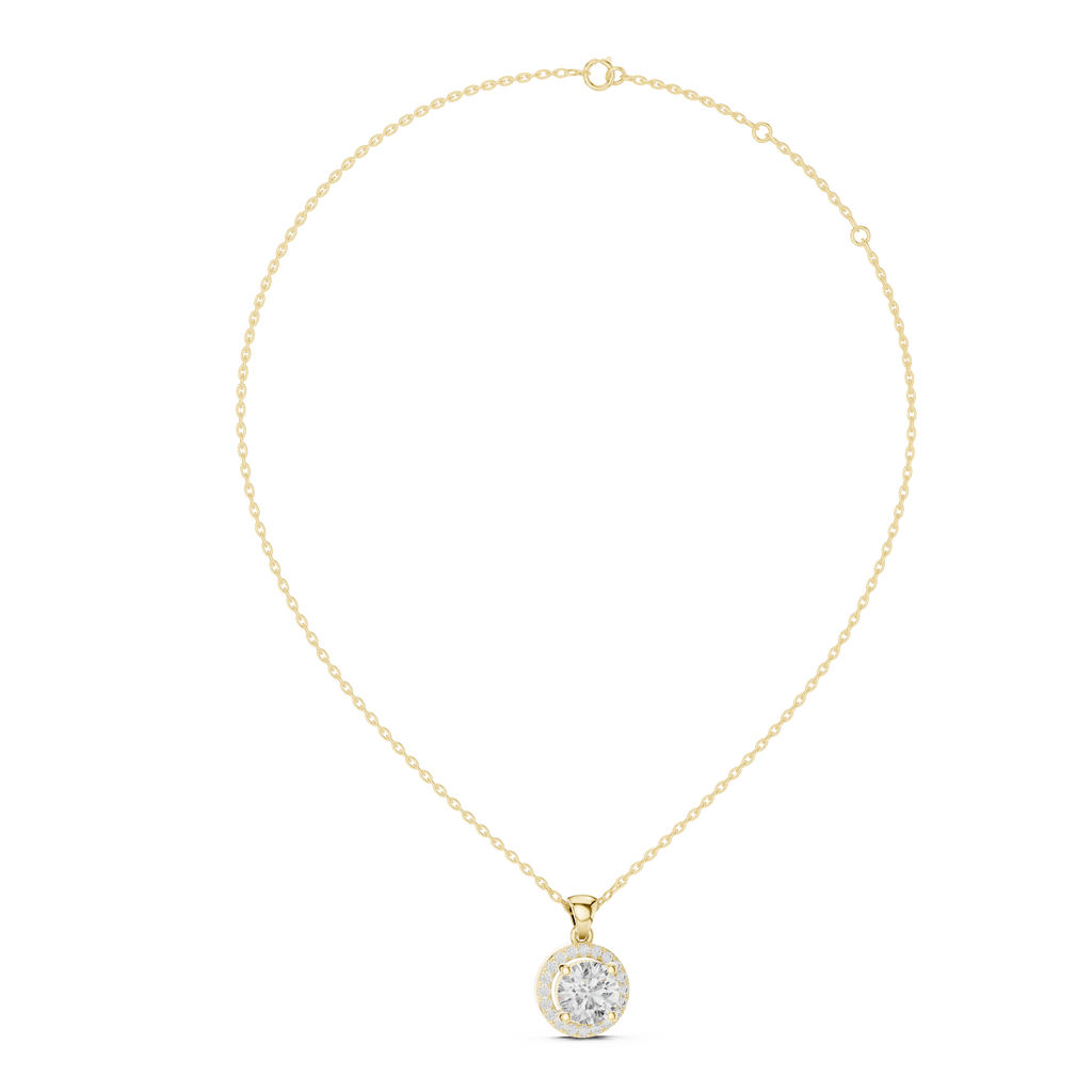Yellow gold round diamond halo pendant with chain showcasing classic luxury style