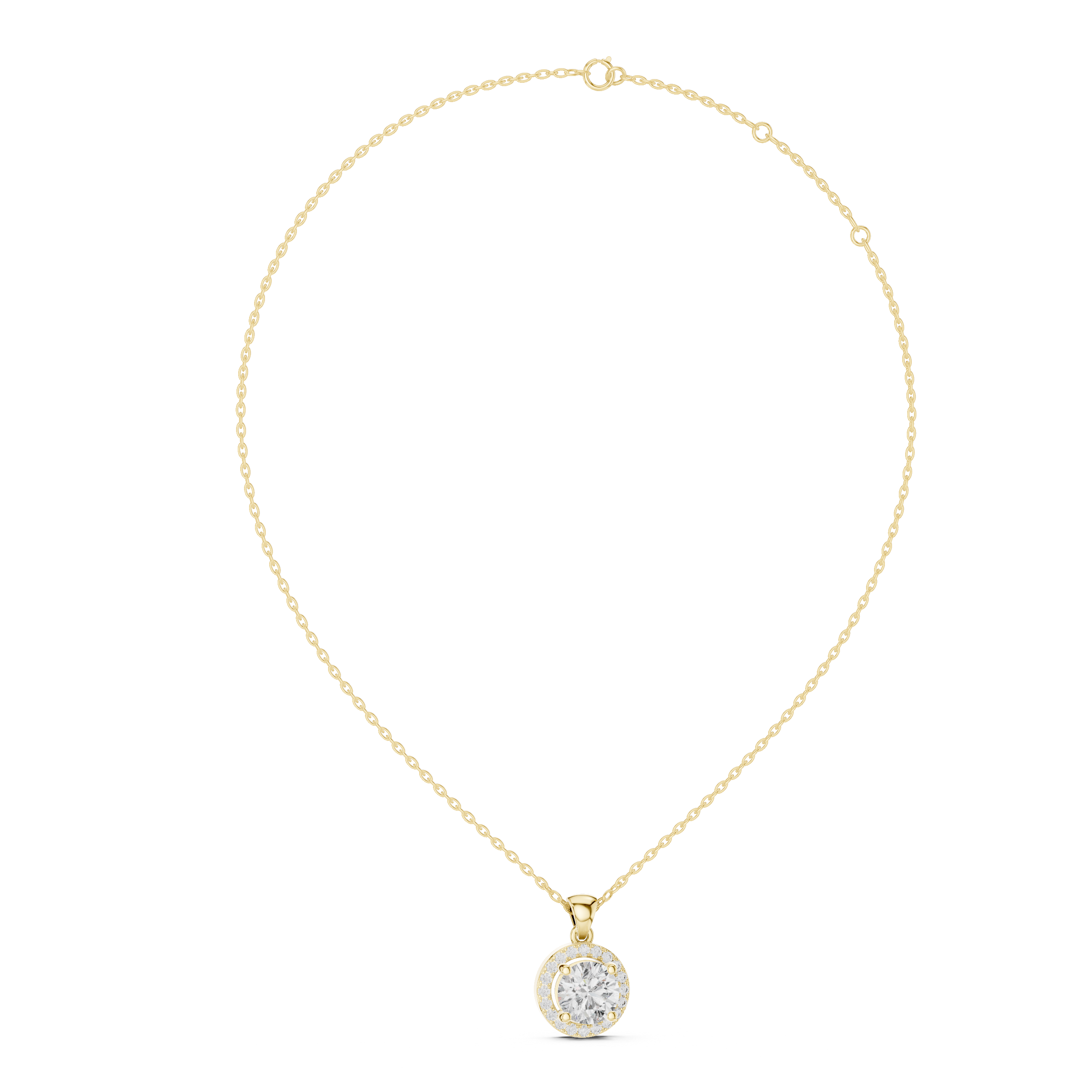 Yellow gold round diamond halo pendant with chain showcasing classic luxury style