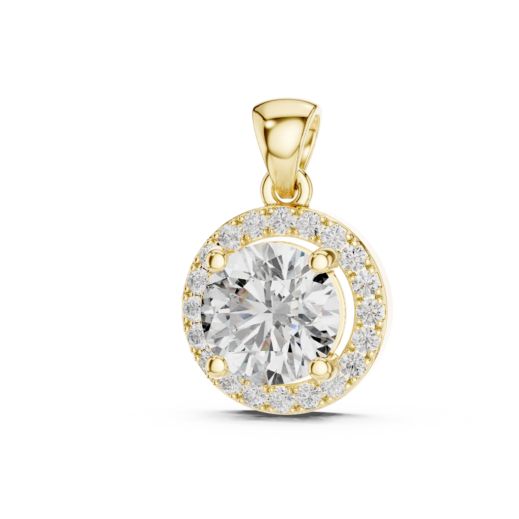 Round diamond halo pendant front view in yellow gold with brilliant center diamond