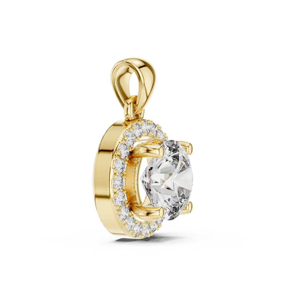 Side profile of round halo diamond pendant in yellow gold showing prong setting depth